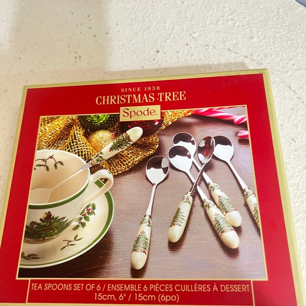 Spode Christmas Tree Porcelain & Stainless‎ Steel 6 Inch Teaspoons, Set of 6